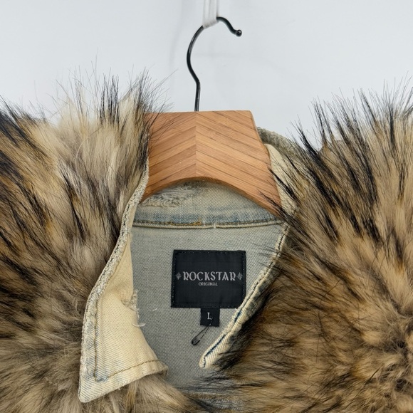 Rockstar Original Fur Trim Denim Paint Splatter Hooded Jean Jacket L - Picture 4 of 16